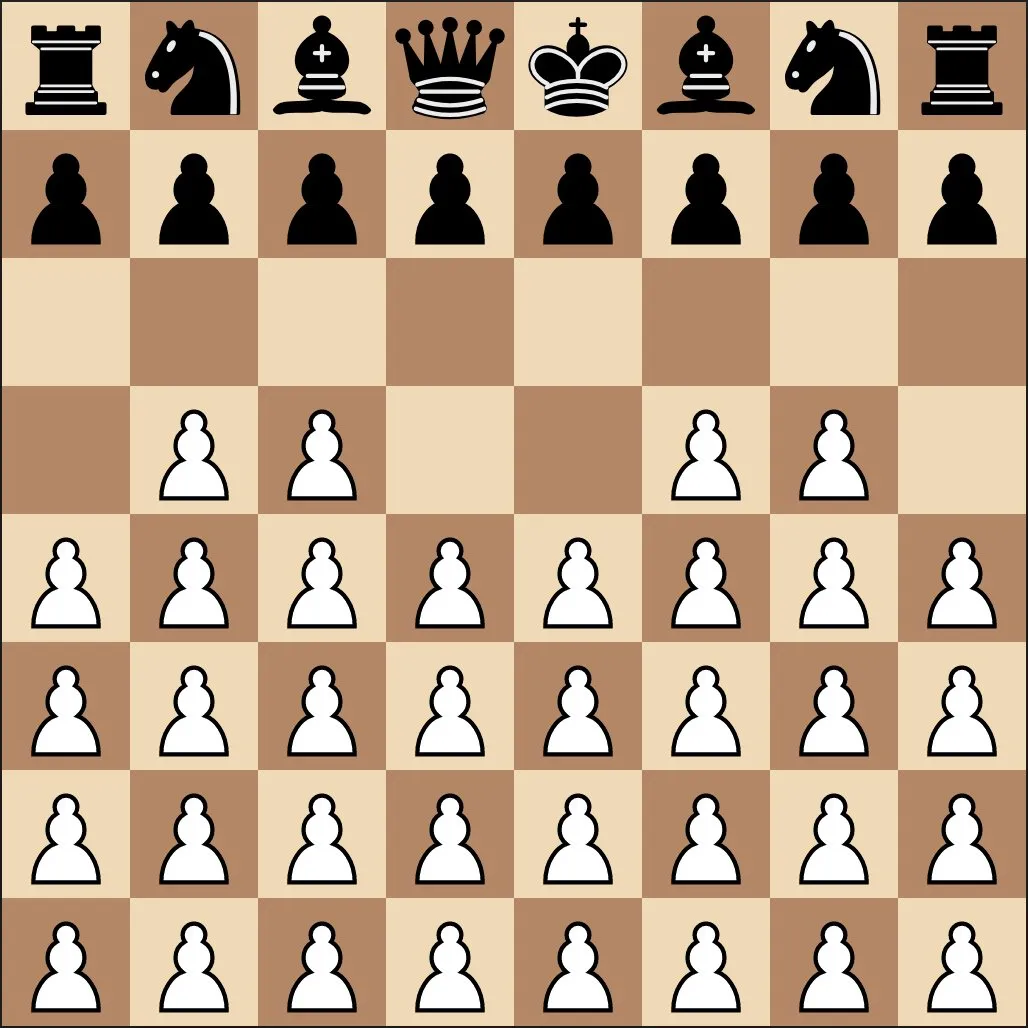The starting position for Horde chess. Black is normal. White has 32 pawns